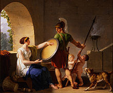 Painting depicting a Spartan woman giving her son his shield